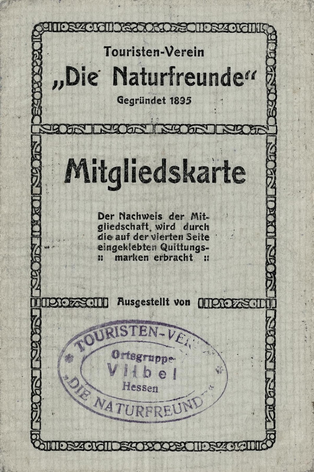 historischer Mitgliedsausweis Bad Vilbeler NaturFreunde vor 1933 ausgestellt